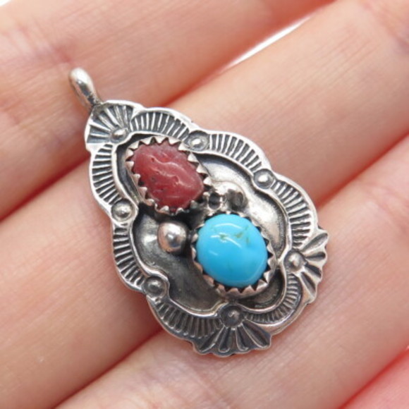 Jewelry - RICHARD BEGAY NAVAJO Old Pawn Sterling Silver Vintage Turquoise & Coral Pendant